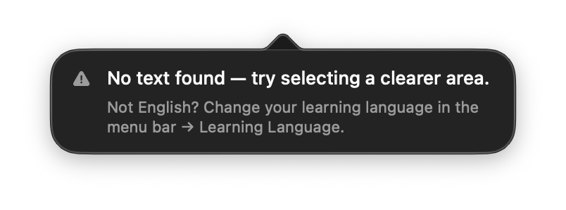 Leafy's "No text found — try selecting a clearer area" message, with a hint reading "Not English? Change your learning language in the menu bar → Learning Language."